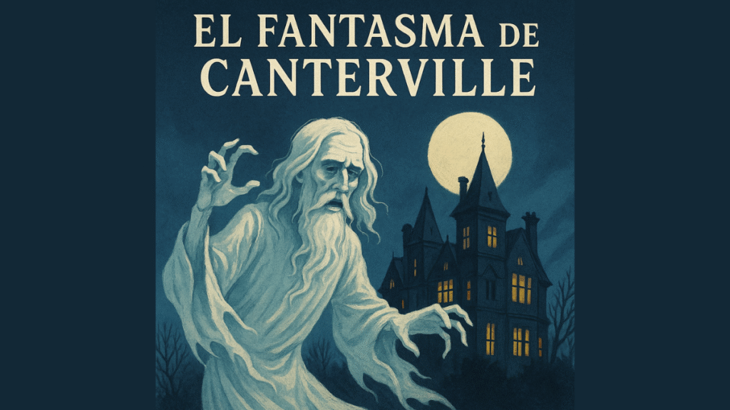 representacion del fantasma de canterville con el castillo al fondo