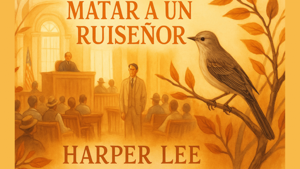 dibujo de un pajaro y un hombre al fondo en tonos cálidos con letrero matar a un ruiseñor