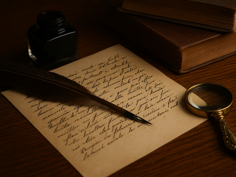 carta escrita en pluma sobre la mesa que podria ser la carta robada, con luz de vela